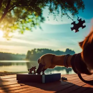 An image of a dog engaging with puzzle toys under a tree, with a serene lake in the background