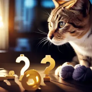 Ate a detective cat with a magnifying glass, closely examining a cluster of question marks that transform into fish, yarn balls, and paw prints against a background of shadowy feline silhouettes
