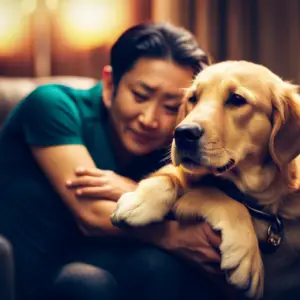 An image of a golden retriever gently placing its head on a crying person's lap, with its paw on their hand, in a cozy, softly lit living room