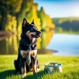 Ate a calm dog and a cat sitting together on a peaceful, sunny lawn, with a serene lake in the background, and a leash, water bowl, and toys neatly placed beside them
