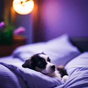 Ate a cozy bedroom with a dog curled up in a plush bed, a clock showing nighttime, and a dimmed lamp, amidst calming colors and peaceful, sleep-inducing elements like a lavender plant