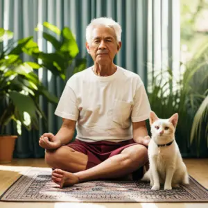 A serene image of a person meditating in a sunlit room, with a cat curled in their lap and a dog lying peacefully beside them, surrounded by indoor plants
