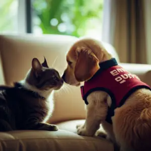 Ate a comforting scene with various pets (dog, cat, bird) wearing vests labeled "Emotional Support" in a serene home environment, with soft lighting and calming colors, emphasizing a sense of companionship and tranquility