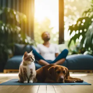 E living room, a person in lotus pose meditating, a cat curled in their lap, a dog lying peacefully beside them, soft sunlight filtering through plants, creating a tranquil, mindful atmosphere