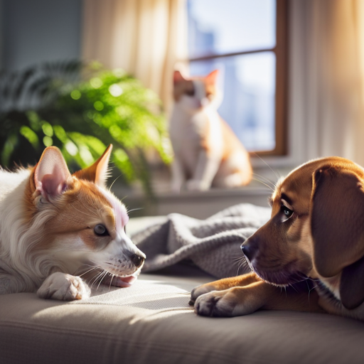 An image of an elderly dog and a cat resting together in a cozy, sunlit room, filled with plants and soft blankets, each pet gazing contentedly out of a large window