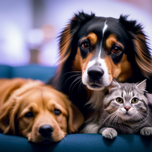 An image featuring a variety of pets (dog, cat, bird, rabbit) in a cozy living room, each displaying distinct behaviors (playing, resting, grooming, observing) that symbolize common pet actions and emotions